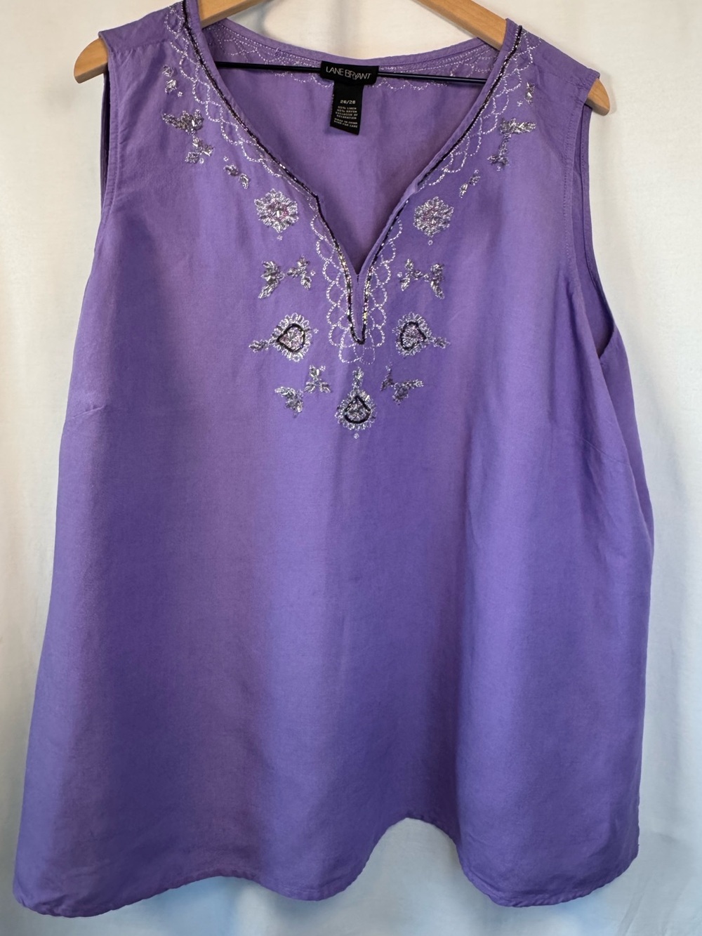 Linen Blend Sleeveless Beaded Embroidered top plus size lavender coastal boho